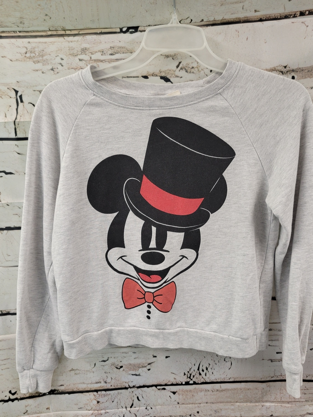 Disney Gray Sweatshirt with Mickey Mouse Top Hat and Red Bow
